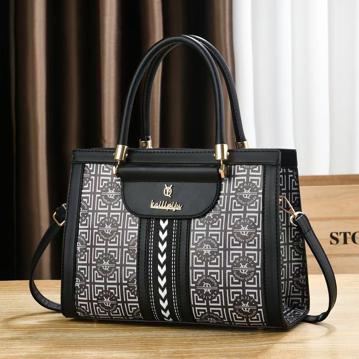 Elegant Retro Monogram Print PU Leather Handbag for Women, Top Handle Satchel with Removable Shoulder Strap, Ideal Gift