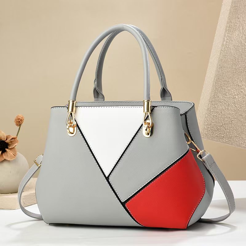 Women's Geometric Color-Block PU Leather Satchel Top Handle Tote with Detachable Crossbody Strap