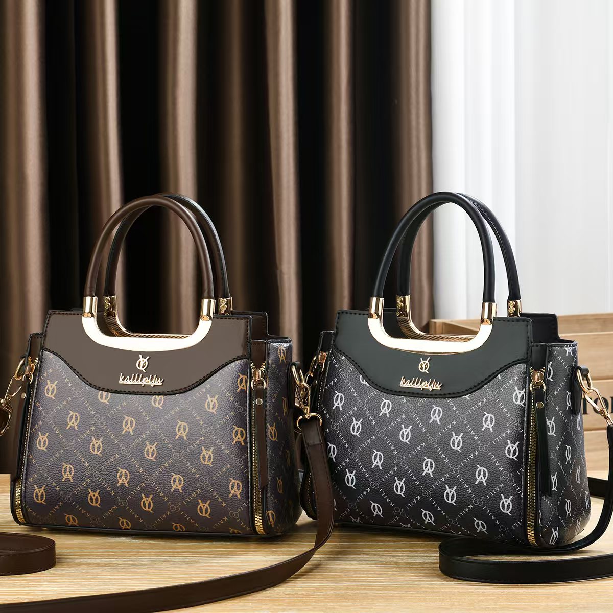 Elegant Retro Monogram Print PU Leather Handbag for Women, Top Handle Satchel with Removable Shoulder Strap, Ideal Gift for Her
