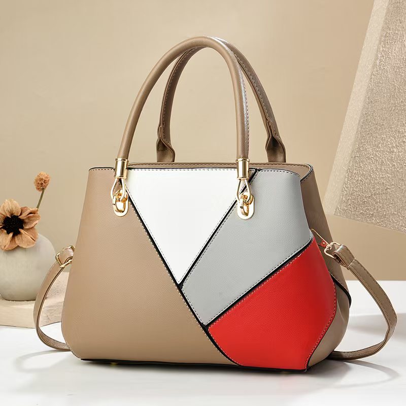 Women's Geometric Color-Block PU Leather Satchel Top Handle Tote with Detachable Crossbody Strap