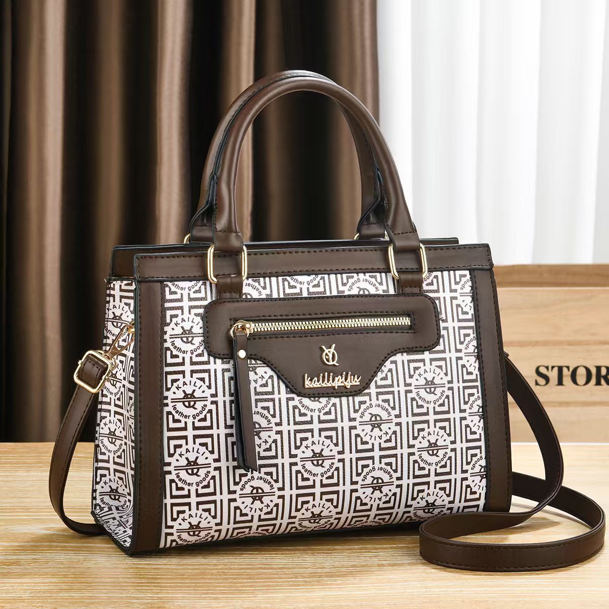 Elegant Retro Monogram Print PU Leather Handbag for Women, Top Handle Satchel with Removable Shoulder Strap, Ideal Gift