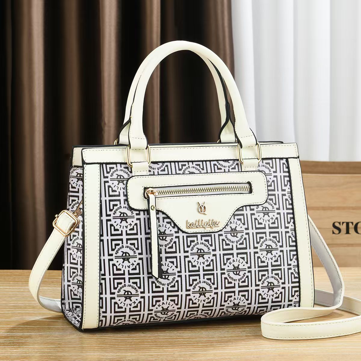 Elegant Retro Monogram Print PU Leather Handbag for Women, Top Handle Satchel with Removable Shoulder Strap, Ideal Gift