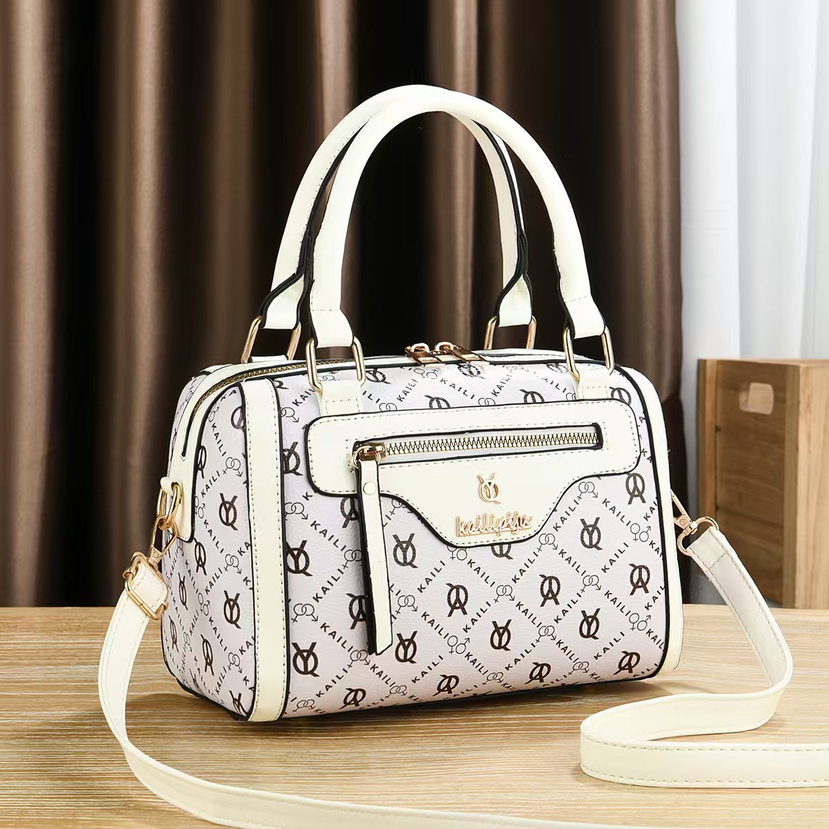 Elegant Retro Monogram Print PU Leather Handbag for Women, Top Handle Satchel with Removable Shoulder Strap, Ideal Gift