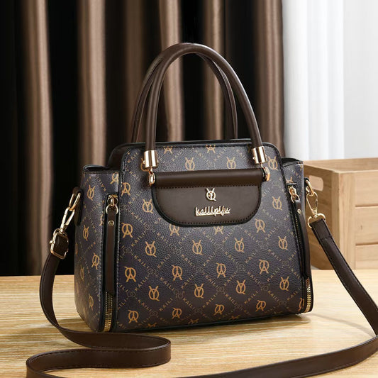 Elegant Retro Monogram Print PU Leather Handbag for Women, Top Handle Satchel with Removable Shoulder Strap, Ideal Gift