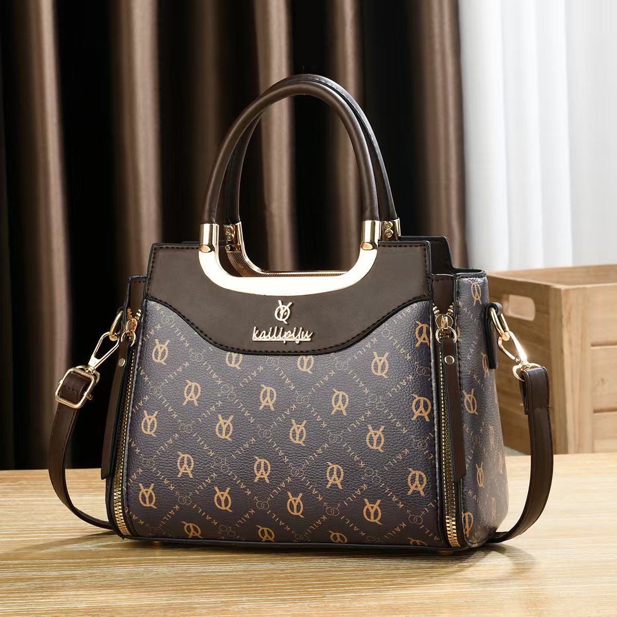 Elegant Retro Monogram Print PU Leather Handbag for Women, Top Handle Satchel with Removable Shoulder Strap, Ideal Gift for Her