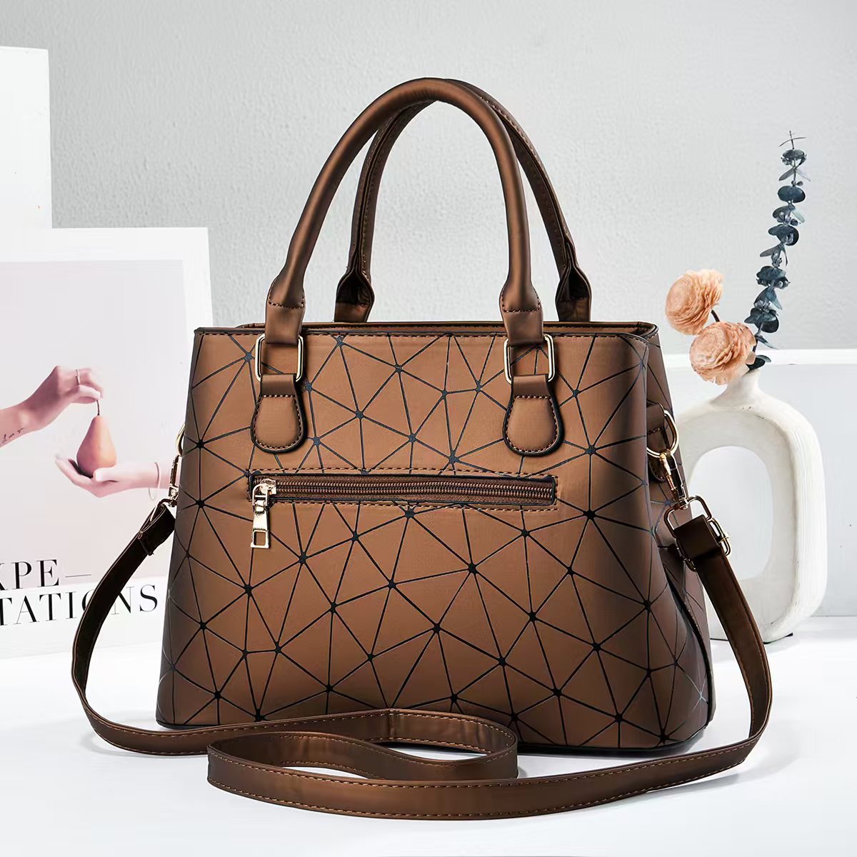 Fashion Women Structured Tote Bag, Geometric Line Printed Top Handle Handbag, Multi Way Carry Purse for All Seasons