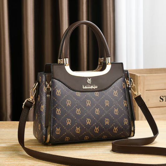 Elegant Retro Monogram Print PU Leather Handbag for Women, Top Handle Satchel with Removable Shoulder Strap, Ideal Gift for Her