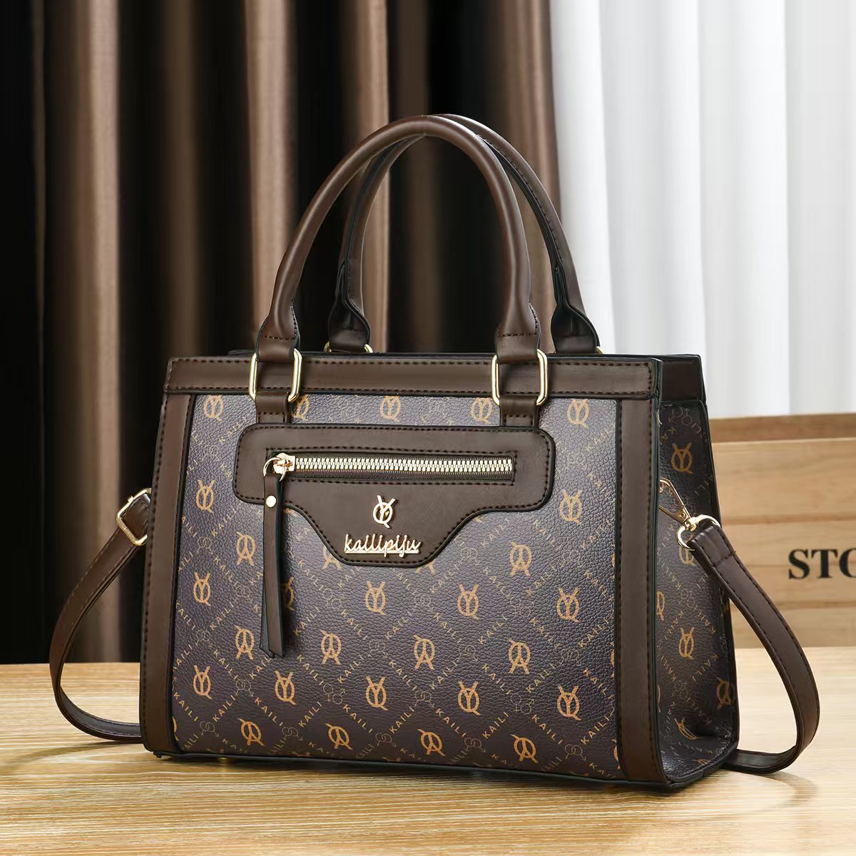 Elegant Retro Monogram Print PU Leather Handbag for Women, Top Handle Satchel with Removable Shoulder Strap, Ideal Gift