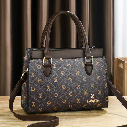 Women Vintage Monogram Print Top Handle Handbag, PU Leather Structured Tote Purse with Removable Shoulder Strap, Multi Pocket Crossbody Bag for Work Daily