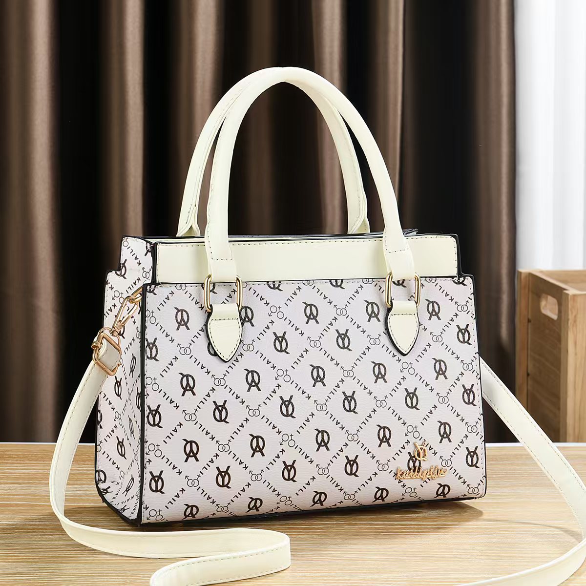 Women Vintage Monogram Print Top Handle Handbag, PU Leather Structured Tote Purse with Removable Shoulder Strap, Multi Pocket Crossbody Bag for Work Daily