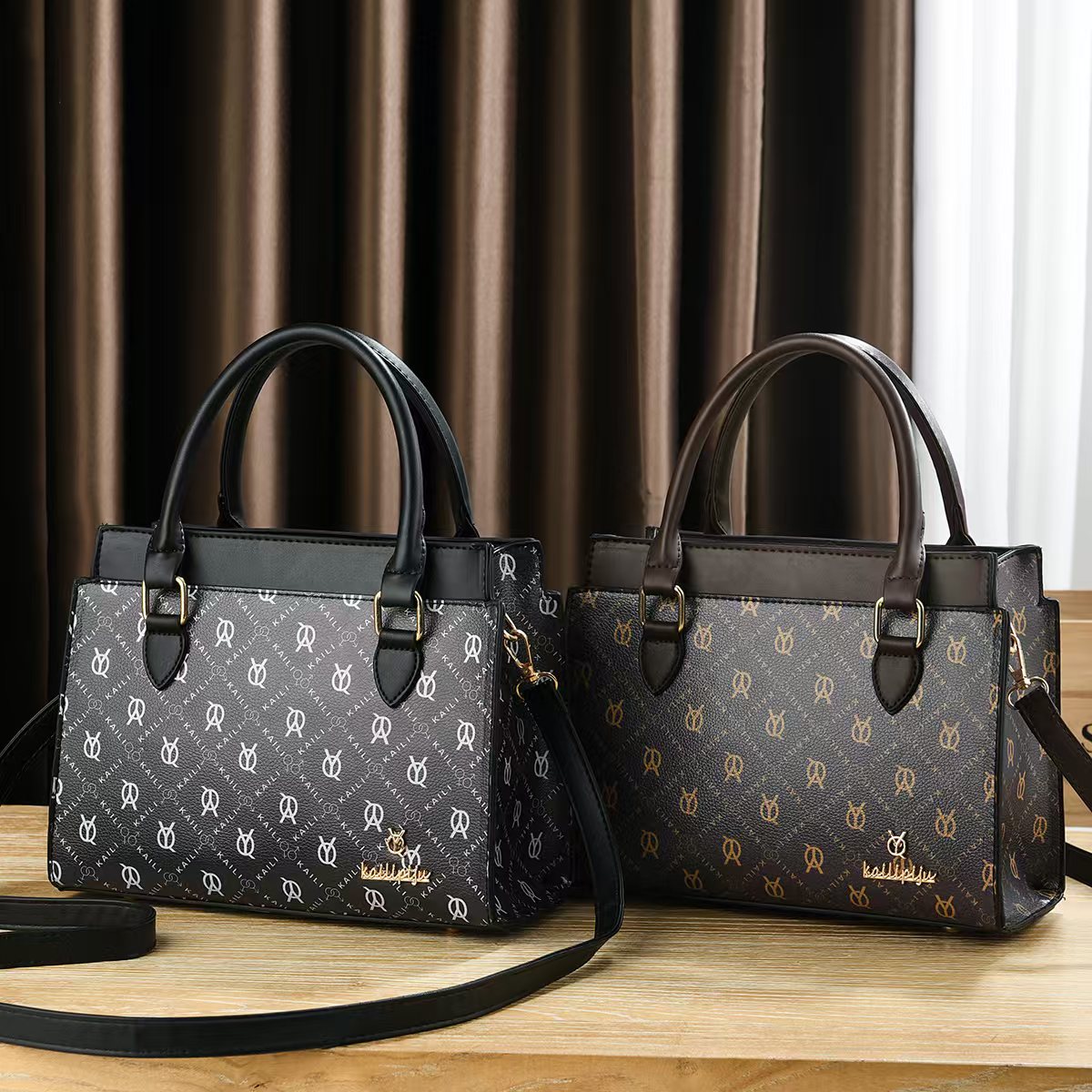Women Vintage Monogram Print Top Handle Handbag, PU Leather Structured Tote Purse with Removable Shoulder Strap, Multi Pocket Crossbody Bag for Work Daily