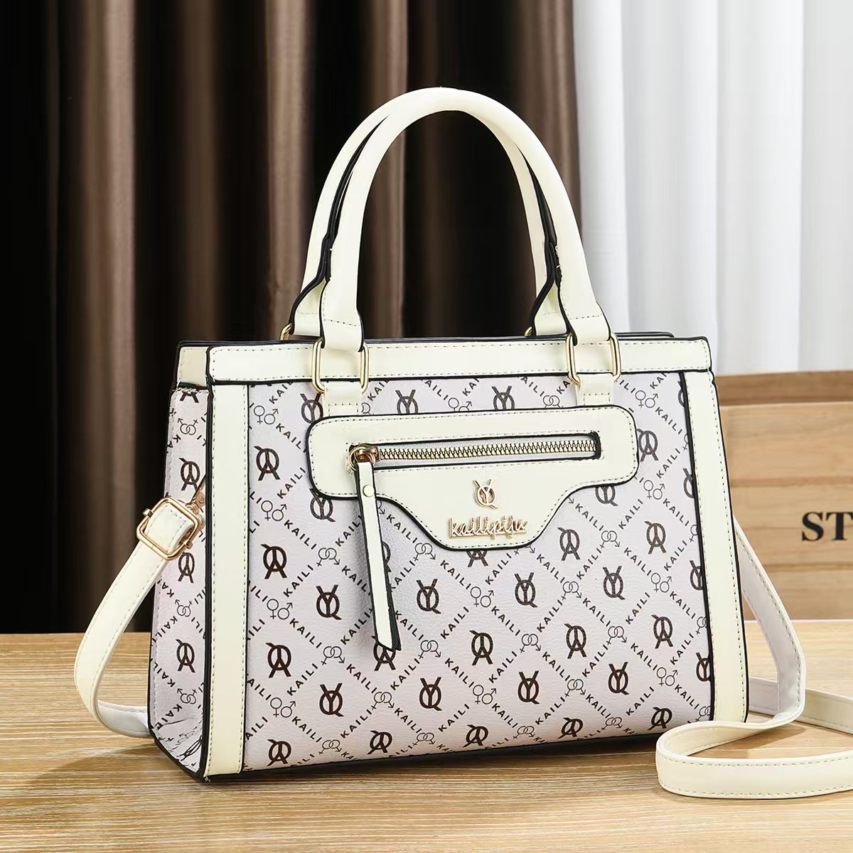 Elegant Retro Monogram Print PU Leather Handbag for Women, Top Handle Satchel with Removable Shoulder Strap, Ideal Gift