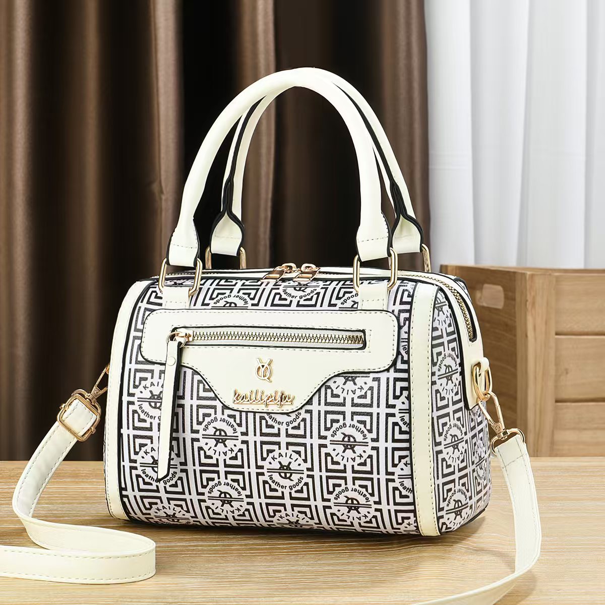 Elegant Retro Monogram Print PU Leather Handbag for Women, Top Handle Satchel with Removable Shoulder Strap, Ideal Gift