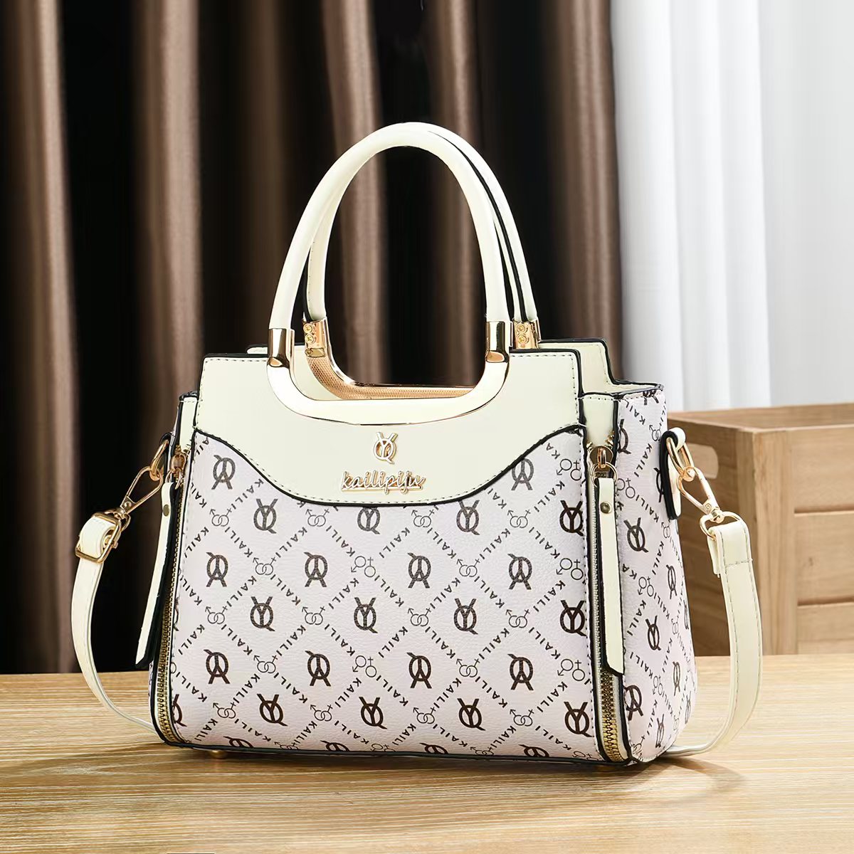 Elegant Retro Monogram Print PU Leather Handbag for Women, Top Handle Satchel with Removable Shoulder Strap, Ideal Gift for Her