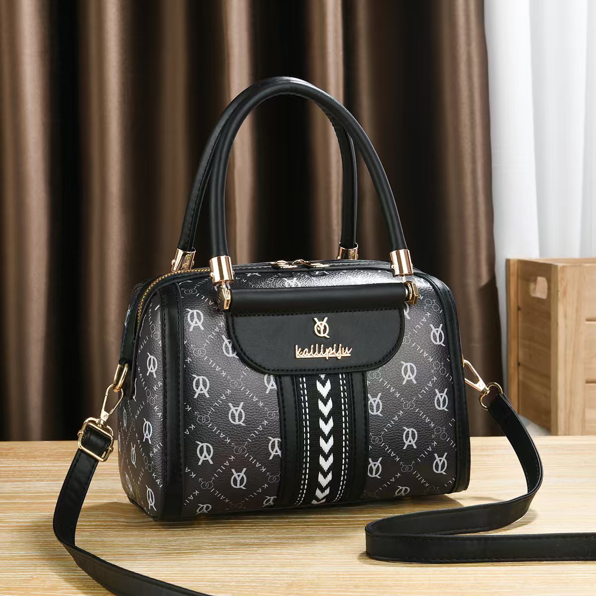 Elegant Retro Monogram Print PU Leather Handbag for Women, Top Handle Satchel with Removable Shoulder Strap, Ideal Gift