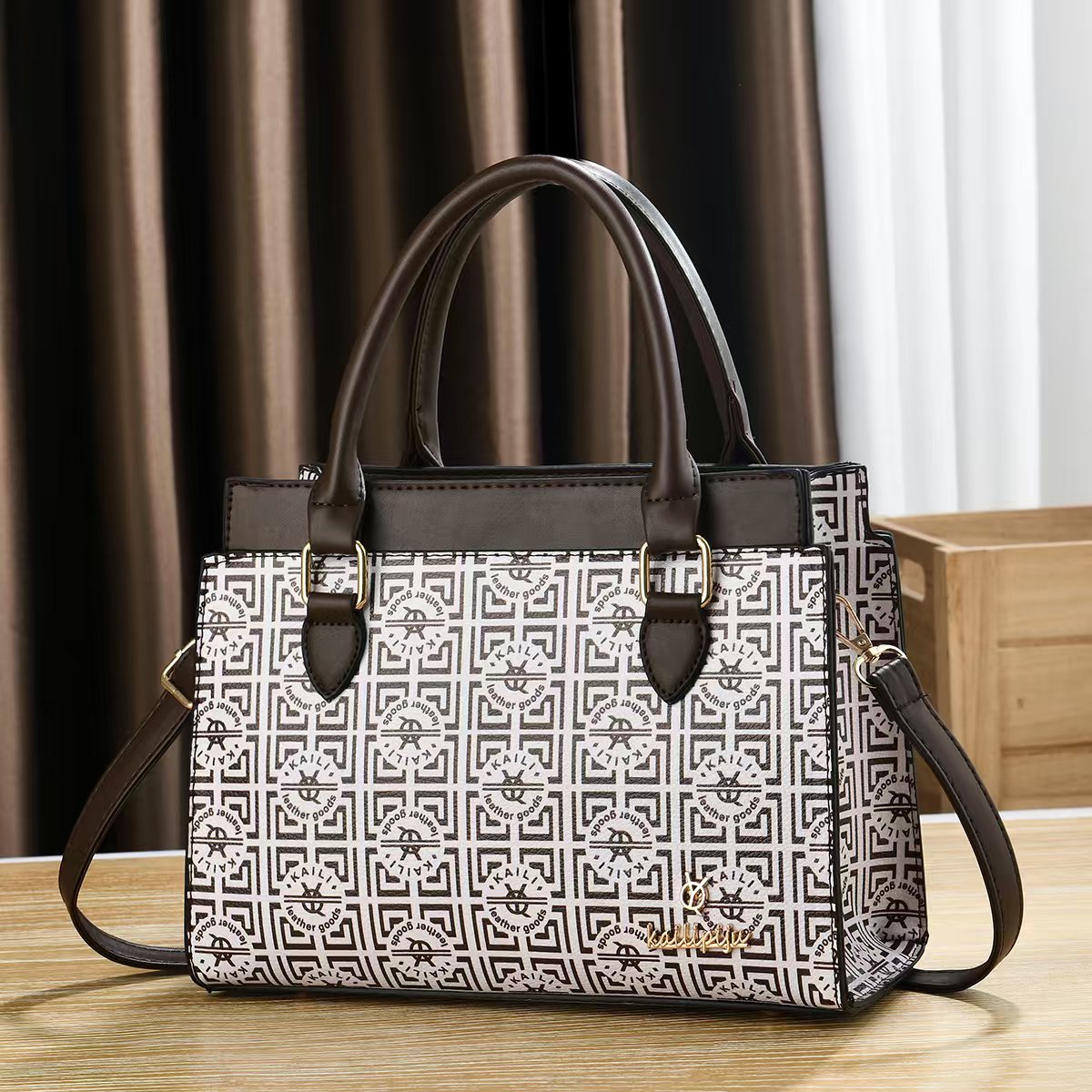 Women Vintage Monogram Print Top Handle Handbag, PU Leather Structured Tote Purse with Removable Shoulder Strap, Multi Pocket Crossbody Bag for Work Daily