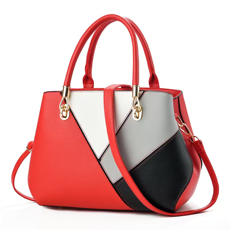 Women's Geometric Color-Block PU Leather Satchel Top Handle Tote with Detachable Crossbody Strap