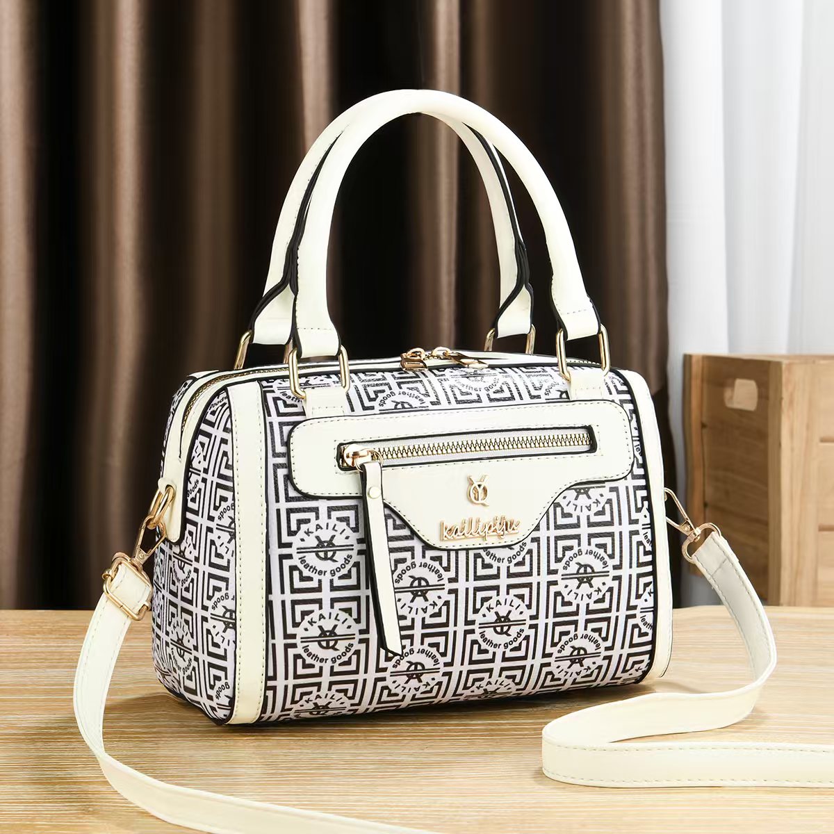 Elegant Retro Monogram Print PU Leather Handbag for Women, Top Handle Satchel with Removable Shoulder Strap, Ideal Gift