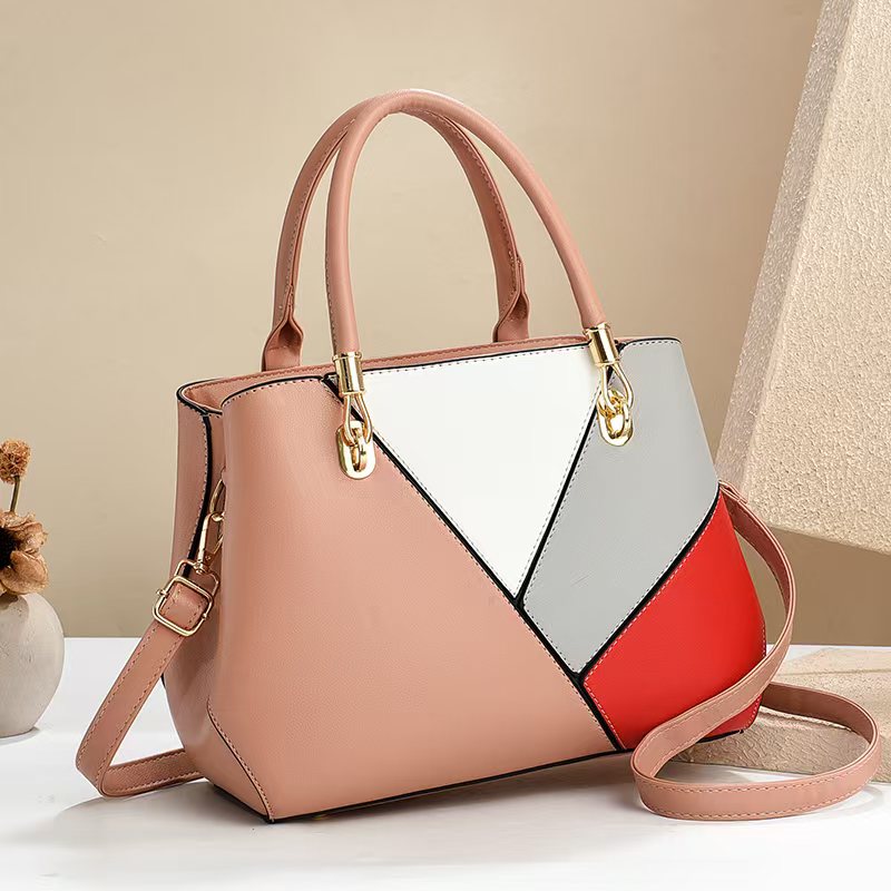 Women's Geometric Color-Block PU Leather Satchel Top Handle Tote with Detachable Crossbody Strap