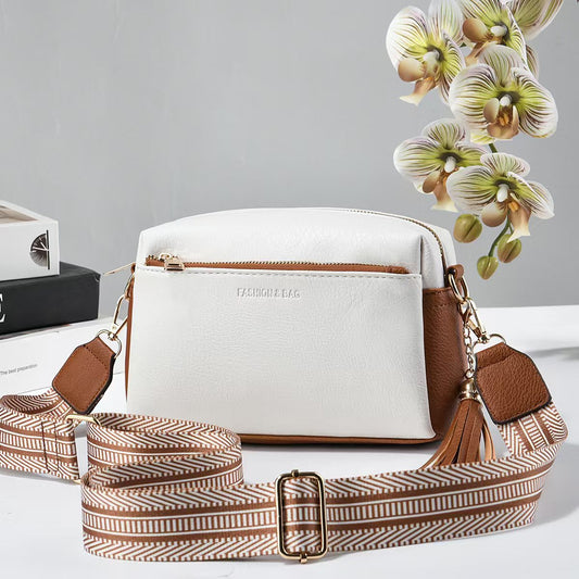 Women PU Leather Crossbody Bag, Casual Sling Purse with Wide Striped Shoulder Strap & Tassel Decor, Multi Pocket Shoulder Handbag, 7 Colors Available for All Seasons