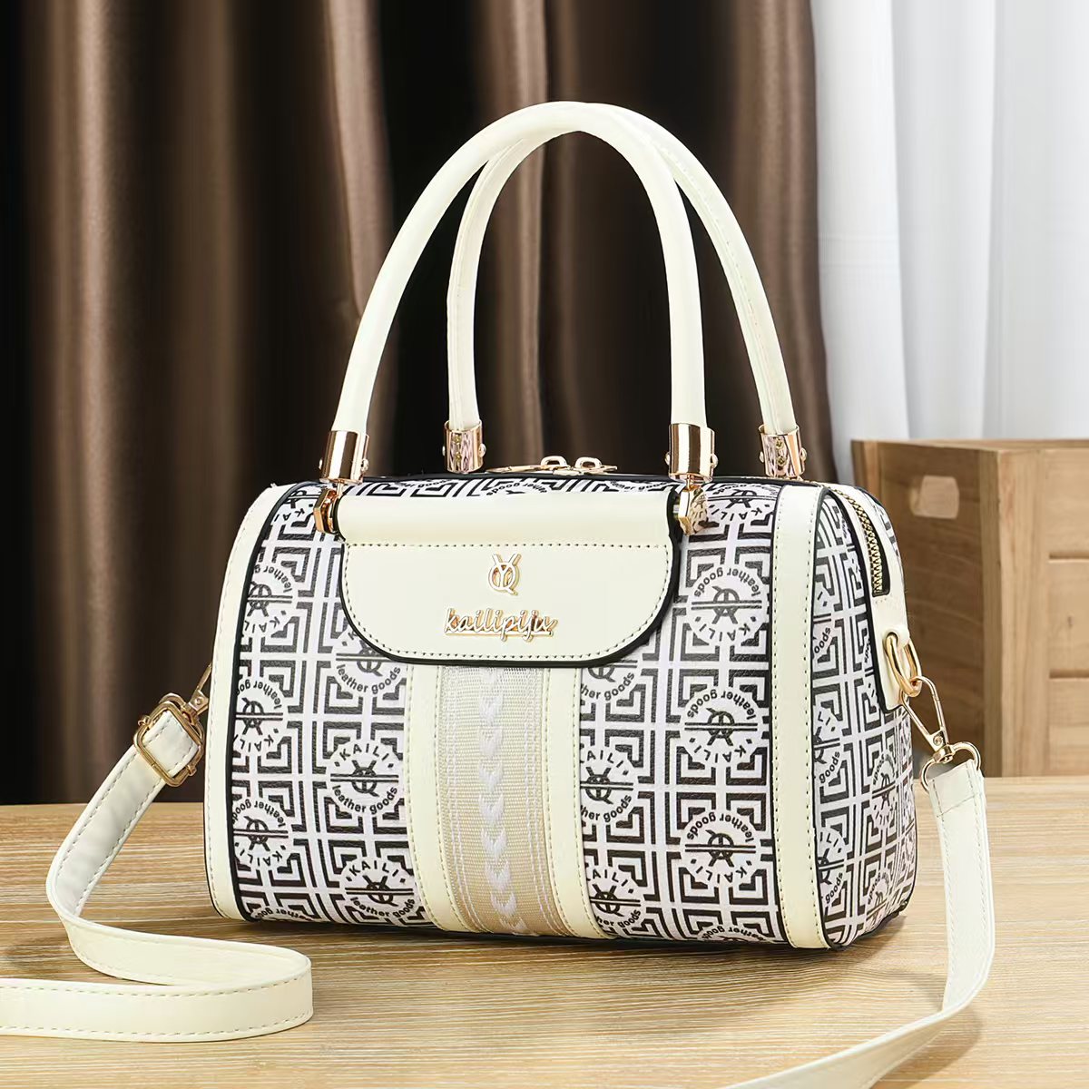Elegant Retro Monogram Print PU Leather Handbag for Women, Top Handle Satchel with Removable Shoulder Strap, Ideal Gift