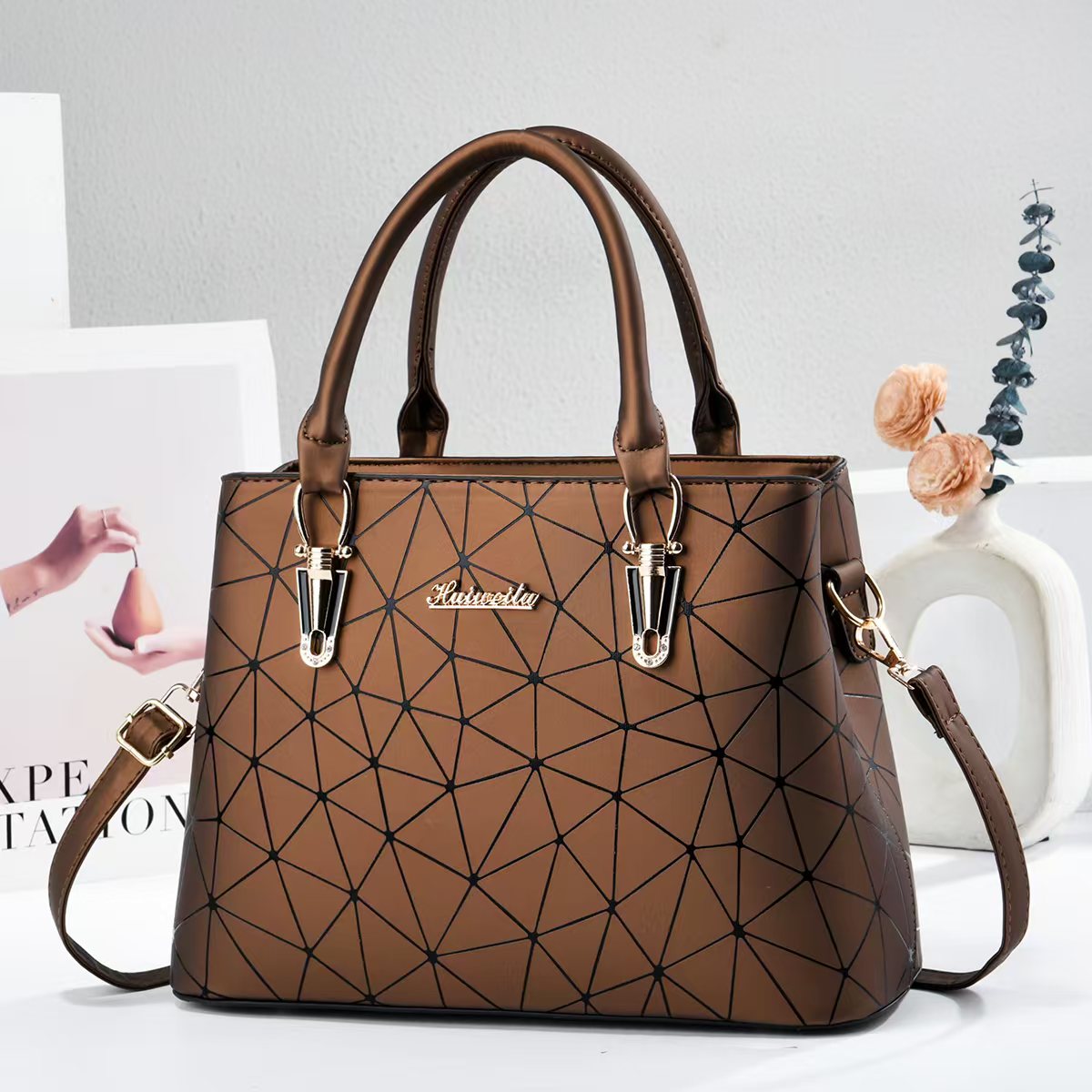 Fashion Women Structured Tote Bag, Geometric Line Printed Top Handle Handbag, Multi Way Carry Purse for All Seasons
