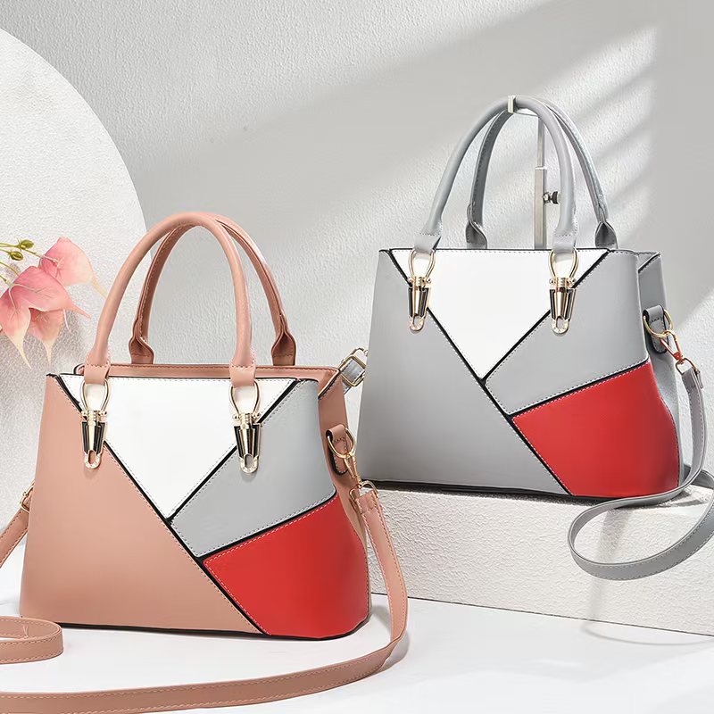 Women's Geometric Color-Block PU Leather Satchel Top-Handle Tote with Detachable Crossbody Strap