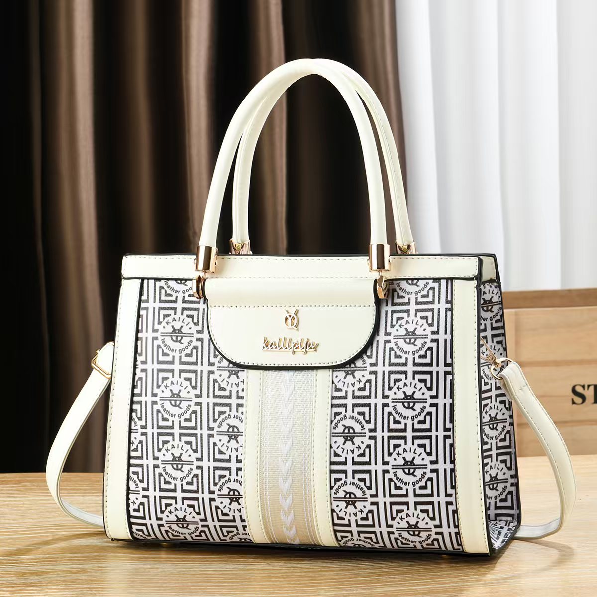Elegant Retro Monogram Print PU Leather Handbag for Women, Top Handle Satchel with Removable Shoulder Strap, Ideal Gift