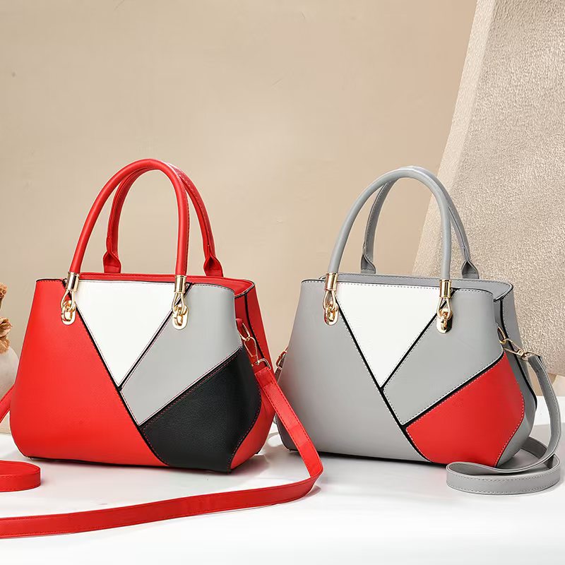Women's Geometric Color-Block PU Leather Satchel Top Handle Tote with Detachable Crossbody Strap