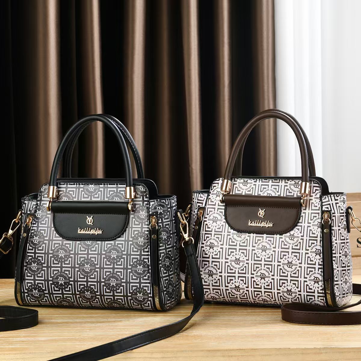 Elegant Retro Monogram Print PU Leather Handbag for Women, Top Handle Satchel with Removable Shoulder Strap, Ideal Gift