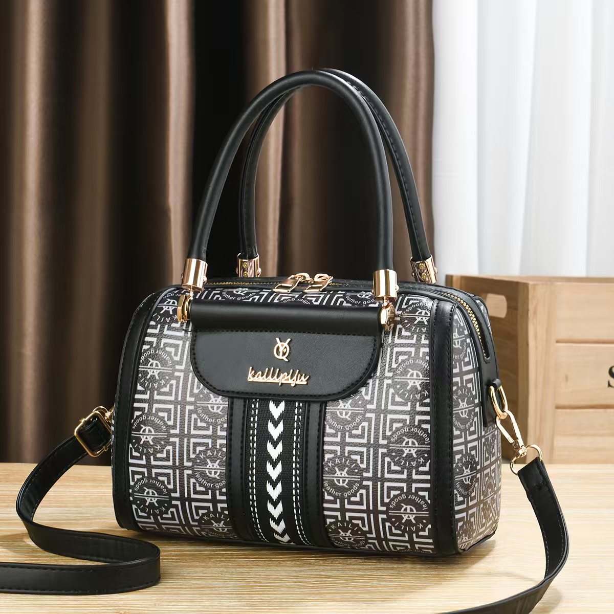 Elegant Retro Monogram Print PU Leather Handbag for Women, Top Handle Satchel with Removable Shoulder Strap, Ideal Gift