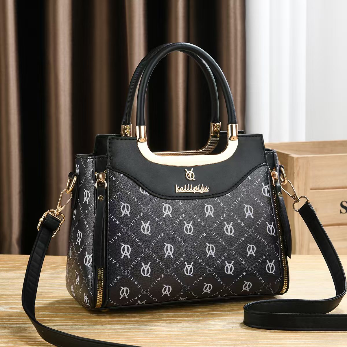 Elegant Retro Monogram Print PU Leather Handbag for Women, Top Handle Satchel with Removable Shoulder Strap, Ideal Gift for Her
