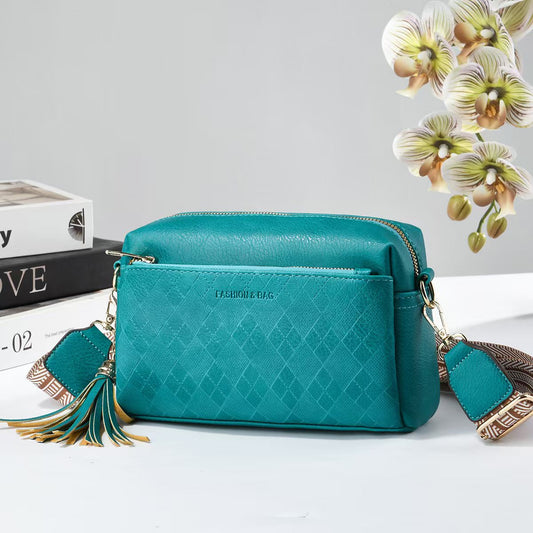 Women Diamond Quilted PU Leather Crossbody Bag, Casual Sling Purse with Wide Striped Shoulder Strap & Tassel Decoration, Multi Pocket Shoulder Handbag, 7 Colors Available for All Seasons