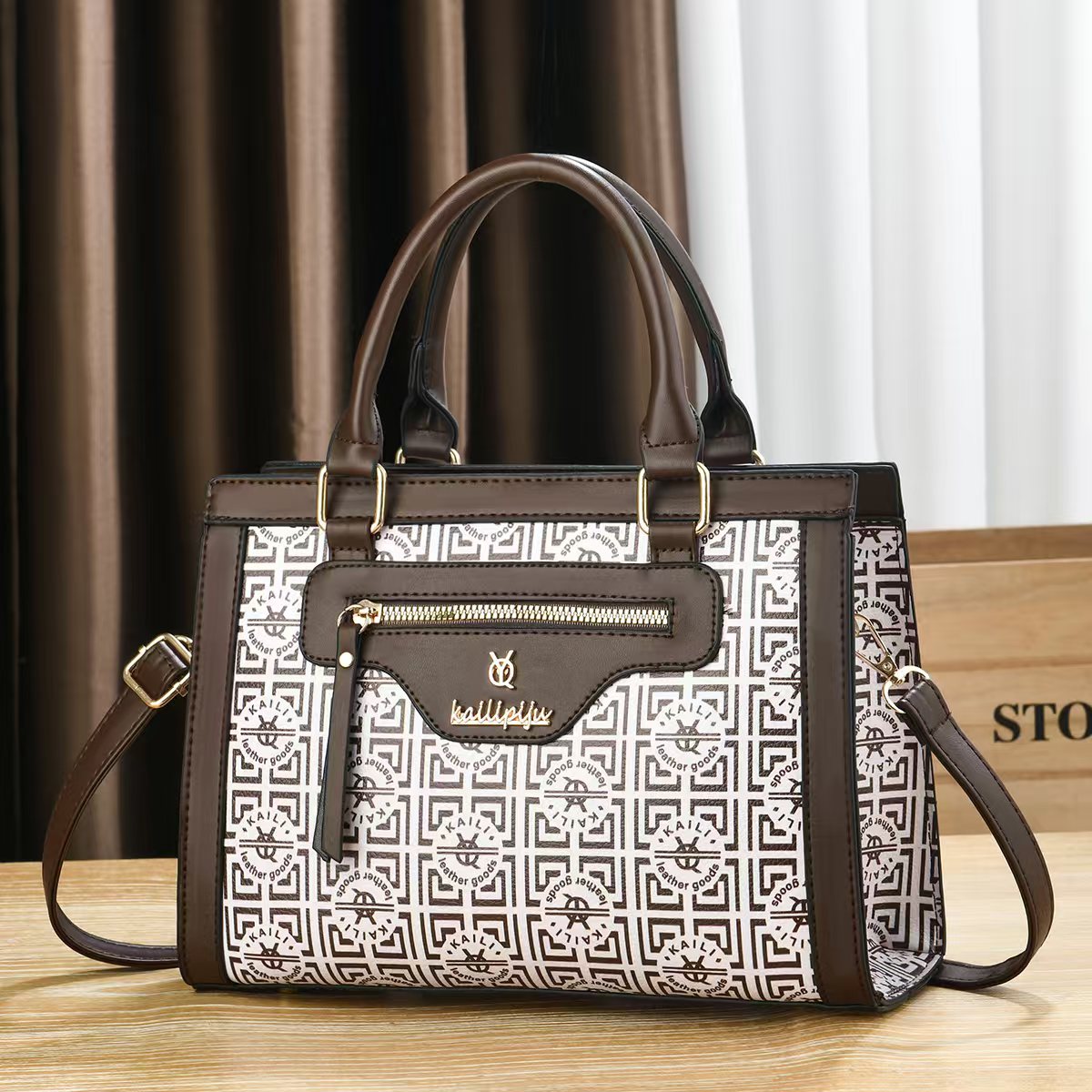 Elegant Retro Monogram Print PU Leather Handbag for Women, Top Handle Satchel with Removable Shoulder Strap, Ideal Gift