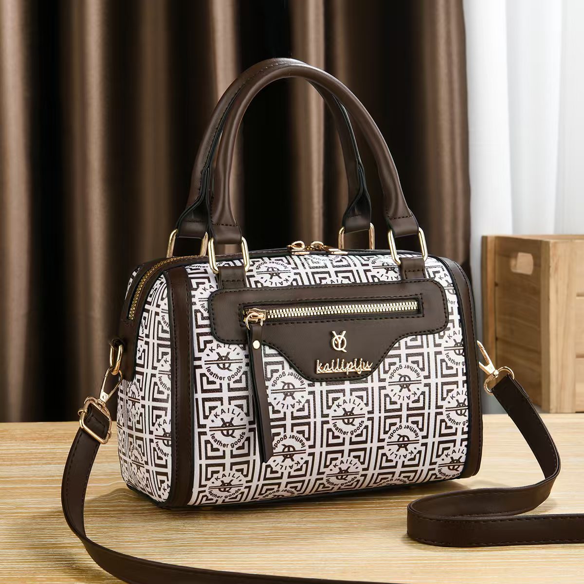 Elegant Retro Monogram Print PU Leather Handbag for Women, Top Handle Satchel with Removable Shoulder Strap, Ideal Gift