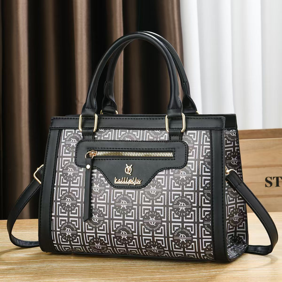 Elegant Retro Monogram Print PU Leather Handbag for Women, Top Handle Satchel with Removable Shoulder Strap, Ideal Gift