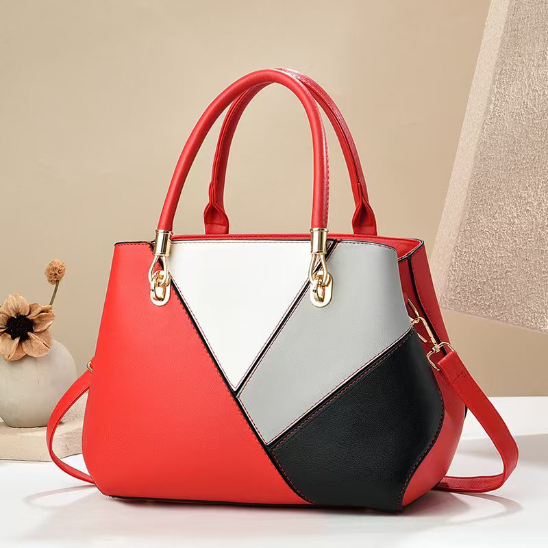 Women's Geometric Color-Block PU Leather Satchel Top Handle Tote with Detachable Crossbody Strap