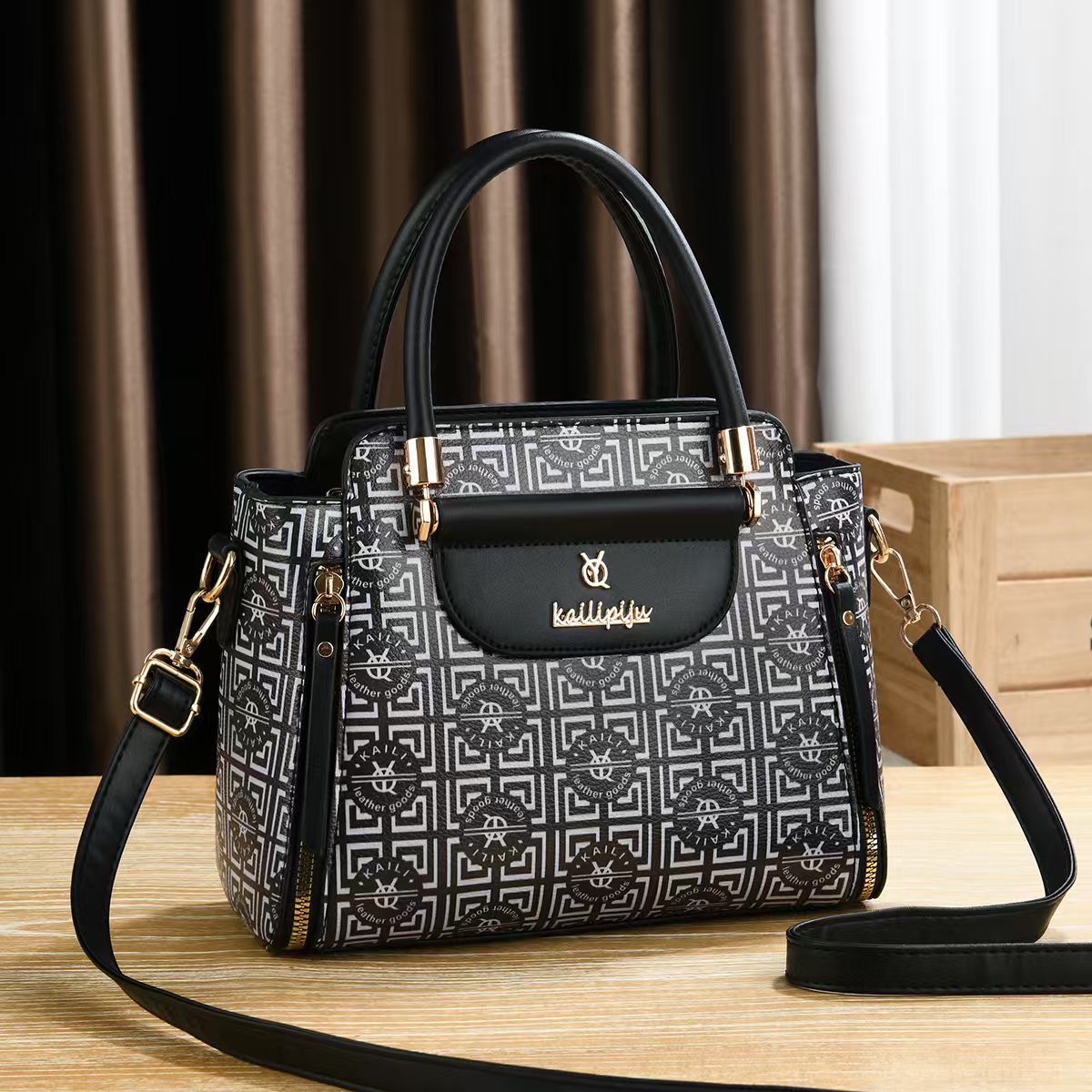 Elegant Retro Monogram Print PU Leather Handbag for Women, Top Handle Satchel with Removable Shoulder Strap, Ideal Gift