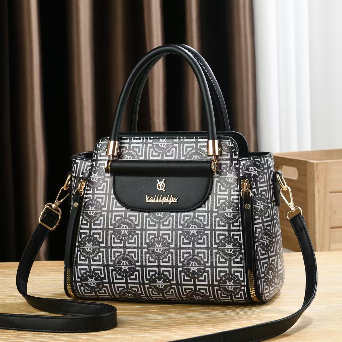 Elegant Retro Monogram Print PU Leather Handbag for Women, Top Handle Satchel with Removable Shoulder Strap, Ideal Gift