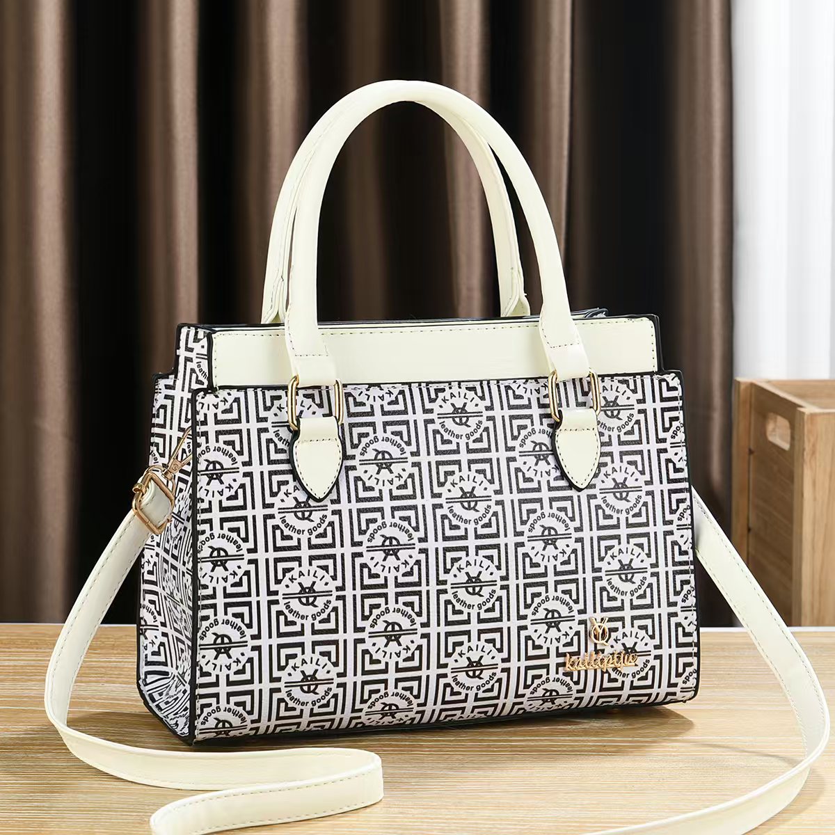 Women Vintage Monogram Print Top Handle Handbag, PU Leather Structured Tote Purse with Removable Shoulder Strap, Multi Pocket Crossbody Bag for Work Daily