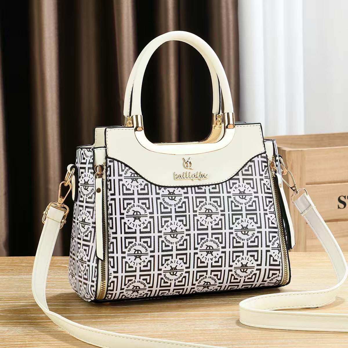 Elegant Retro Monogram Print PU Leather Handbag for Women, Top Handle Satchel with Removable Shoulder Strap, Ideal Gift for Her