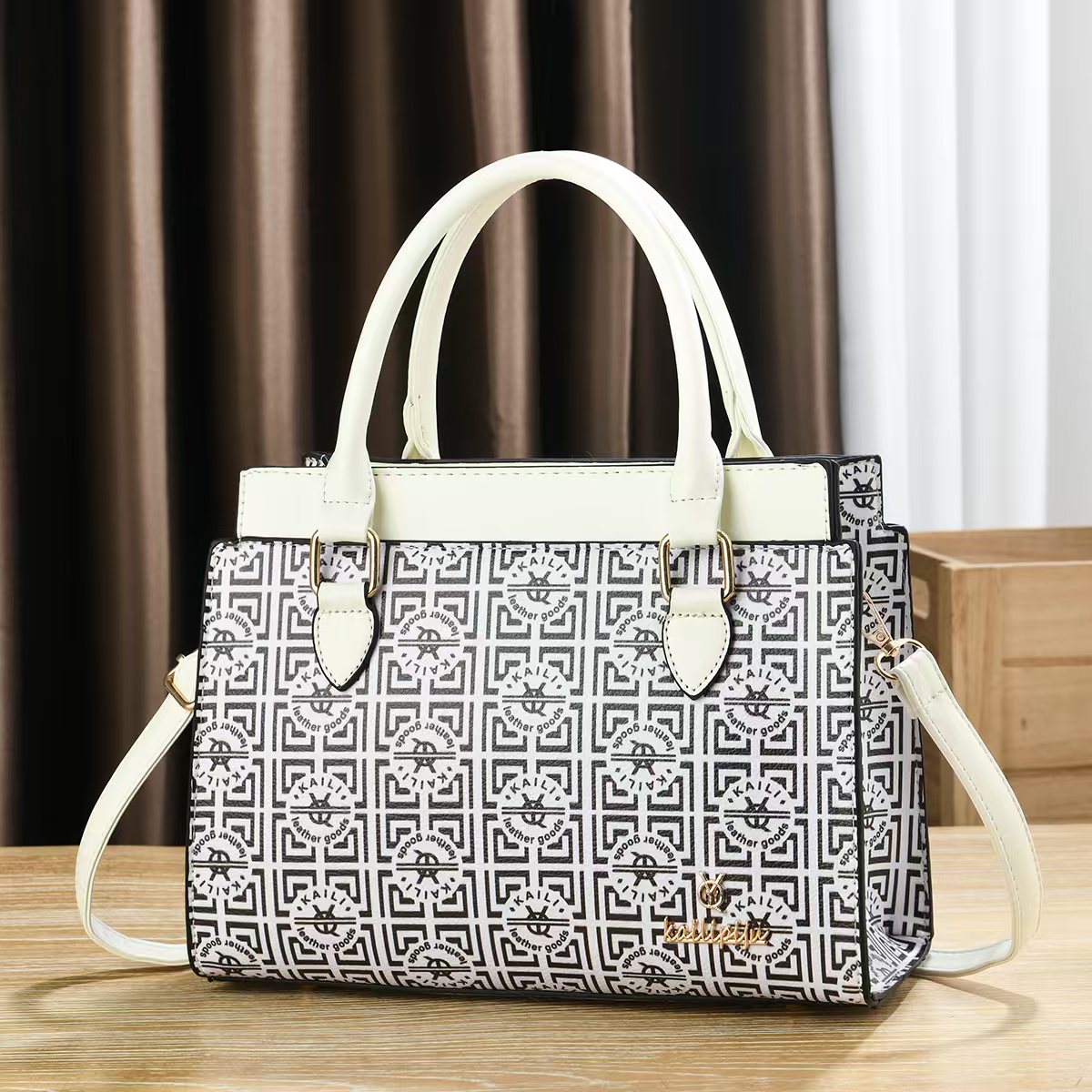 Women Vintage Monogram Print Top Handle Handbag, PU Leather Structured Tote Purse with Removable Shoulder Strap, Multi Pocket Crossbody Bag for Work Daily