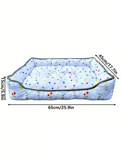 Polka Dot Floral Square Pet Bed, All-Season Soft Dog and Cat Bed