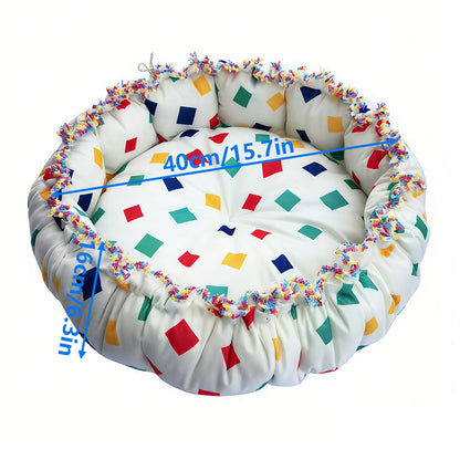 Colorful Block Print Drawstring Round Pet Nest, Rainbow Fringed Dual-Use Pet Bed