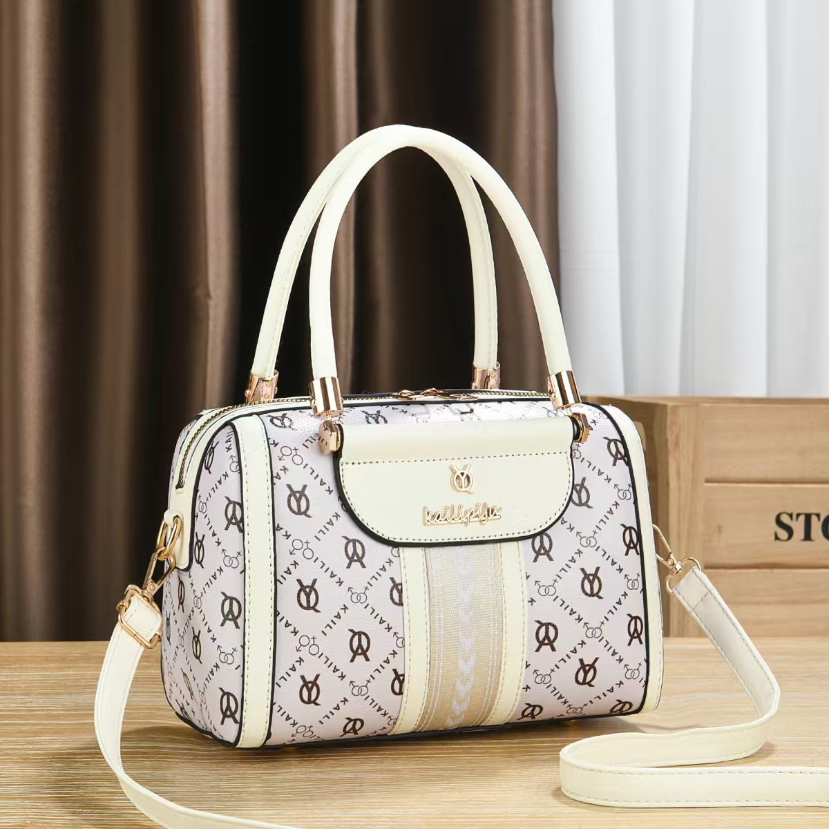 Elegant Retro Monogram Print PU Leather Handbag for Women, Top Handle Satchel with Removable Shoulder Strap, Ideal Gift