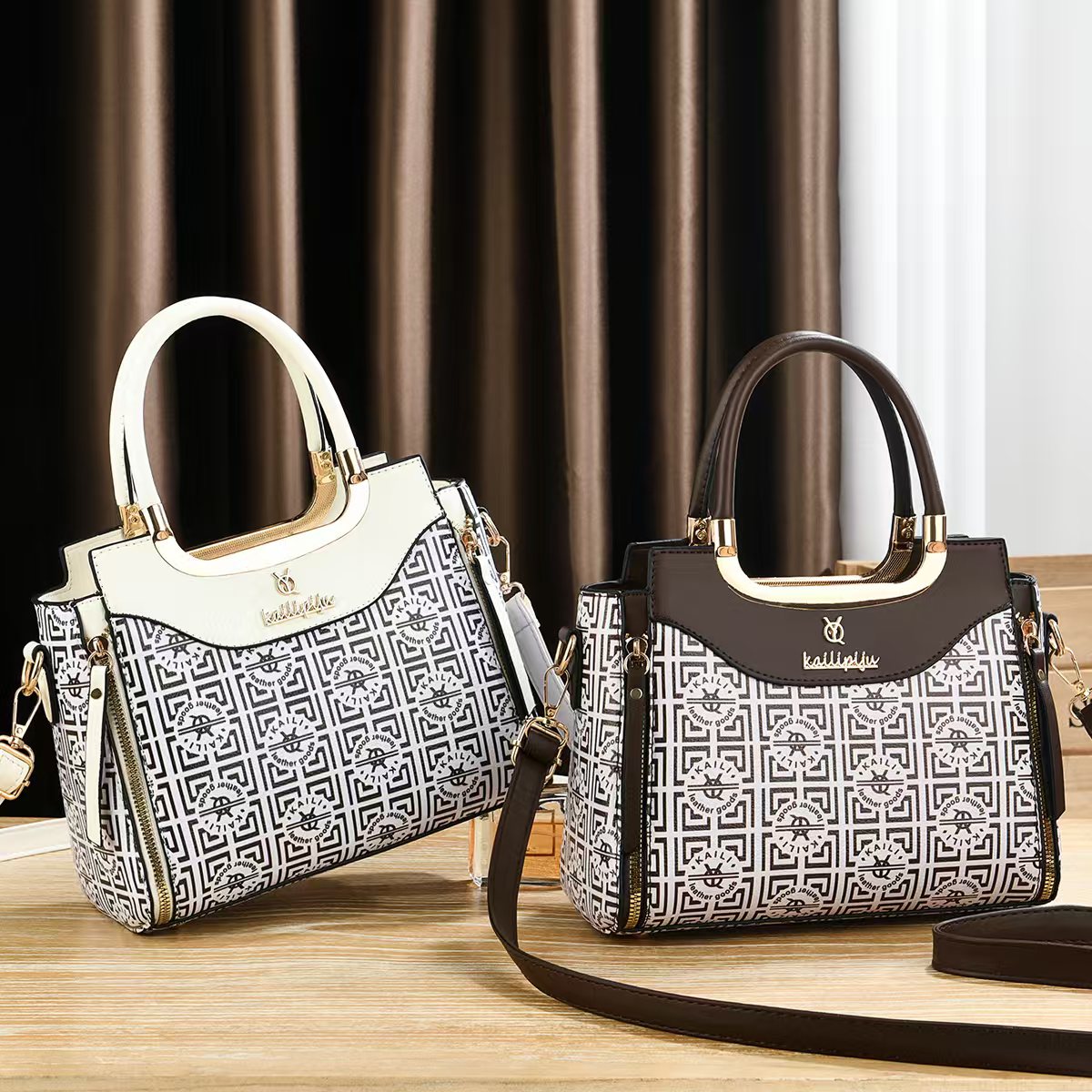 Elegant Retro Monogram Print PU Leather Handbag for Women, Top Handle Satchel with Removable Shoulder Strap, Ideal Gift for Her