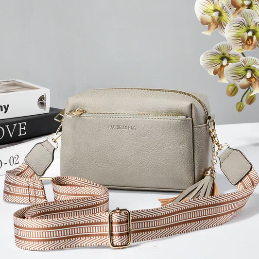 Women PU Leather Crossbody Bag, Casual Sling Purse with Wide Striped Shoulder Strap & Tassel Decor, Multi Pocket Shoulder Handbag, 7 Colors Available for All Seasons