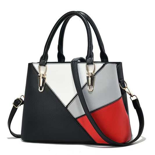 Women's Geometric Color-Block PU Leather Satchel Top-Handle Tote with Detachable Crossbody Strap