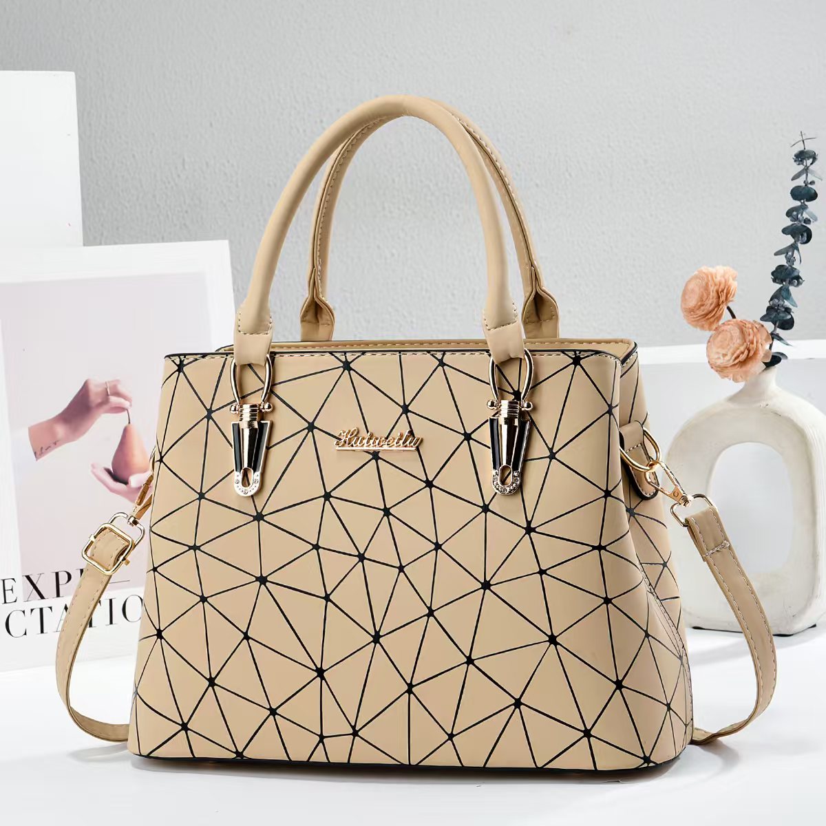 Fashion Women Structured Tote Bag, Geometric Line Printed Top Handle Handbag, Multi Way Carry Purse for All Seasons